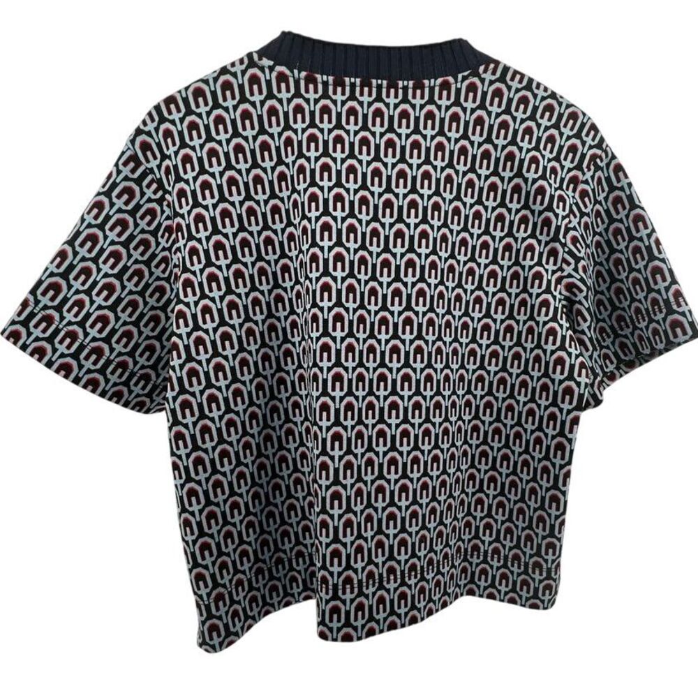 MNG by Mango Women L Printed Cotton Blend Thick Short Sleeve Shirt Black Blue - Picture 2 of 4